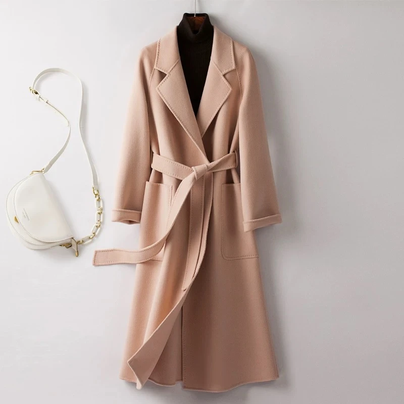 24505高端双面羊绒大衣女中长款宽松韩版无扣浴袍赫本风秋冬时尚