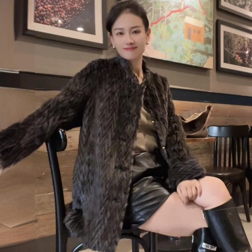 诺谰 【水貂毛汉麻两面穿】条纹貂皮大衣女中长款显瘦皮草外套23028