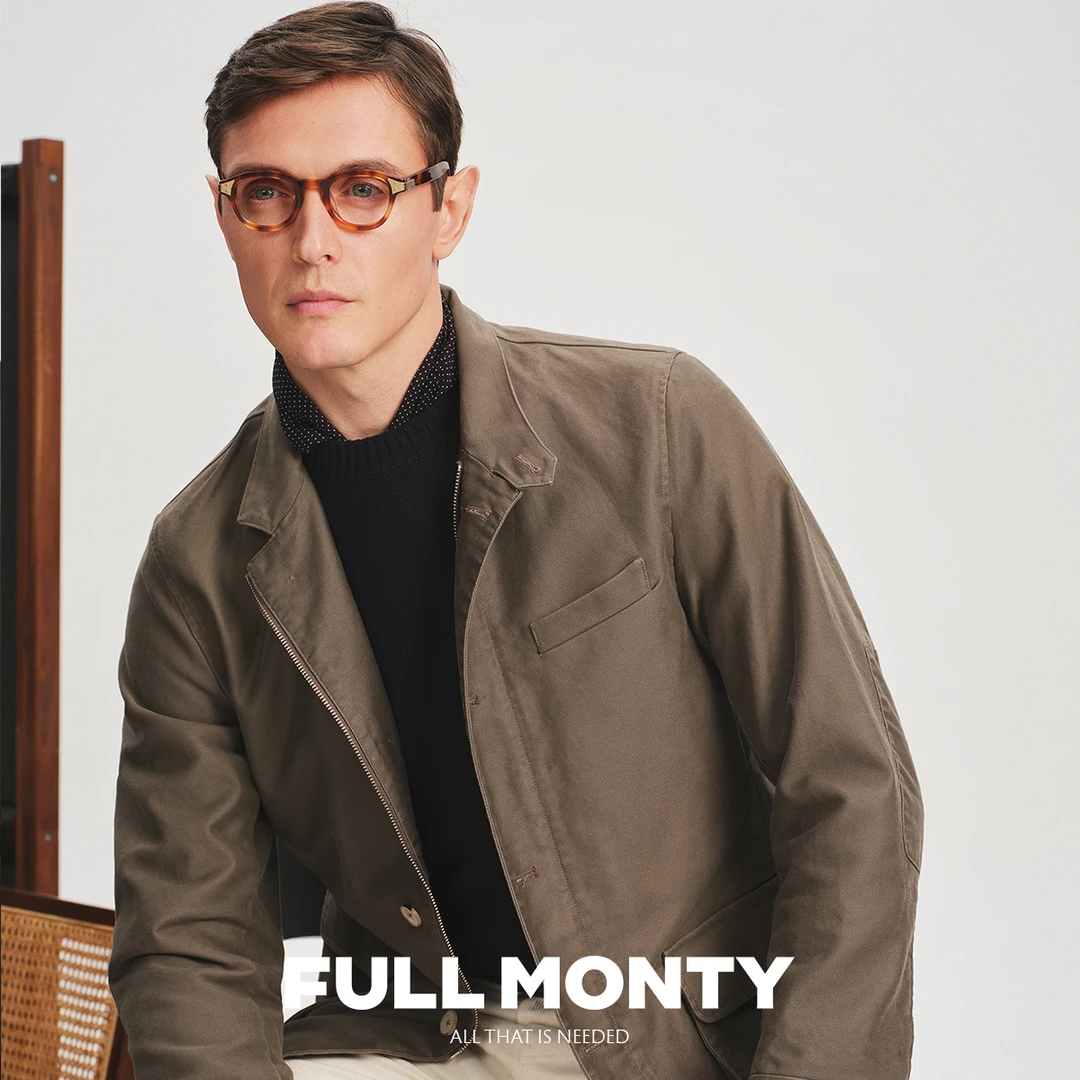FULL MONTY男士休闲西装夹克橄榄绿水洗棉休闲男外套