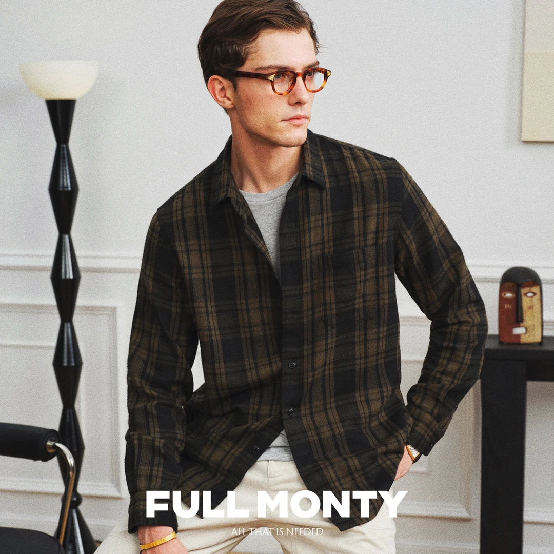 法兰绒衬衫男士墨绿色格子磨毛保暖长袖衬衣宽松外套