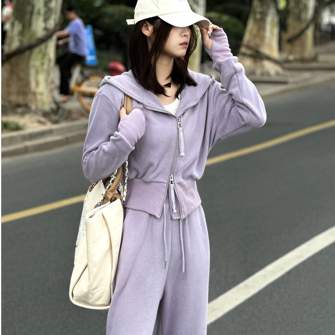 【YUKI】新秋季修身收腰巫师帽斜拉链省心穿搭休闲卫衣套装运动服女
