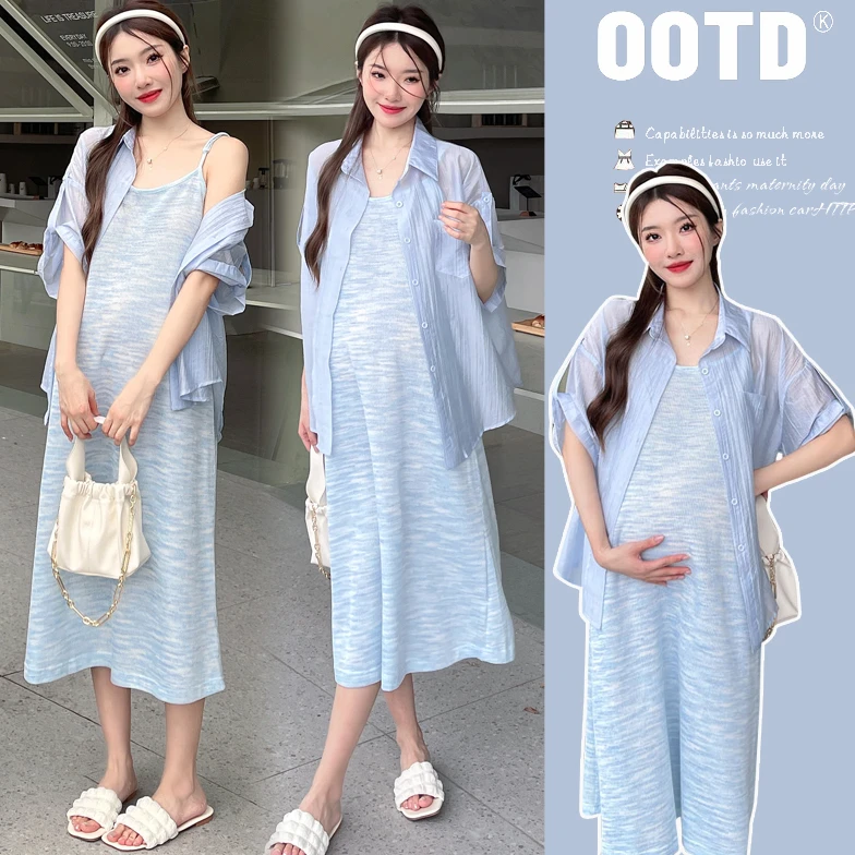 时髦孕妇装夏季新款时尚网红款宽松中长款防晒衬衫显瘦简约连衣裙