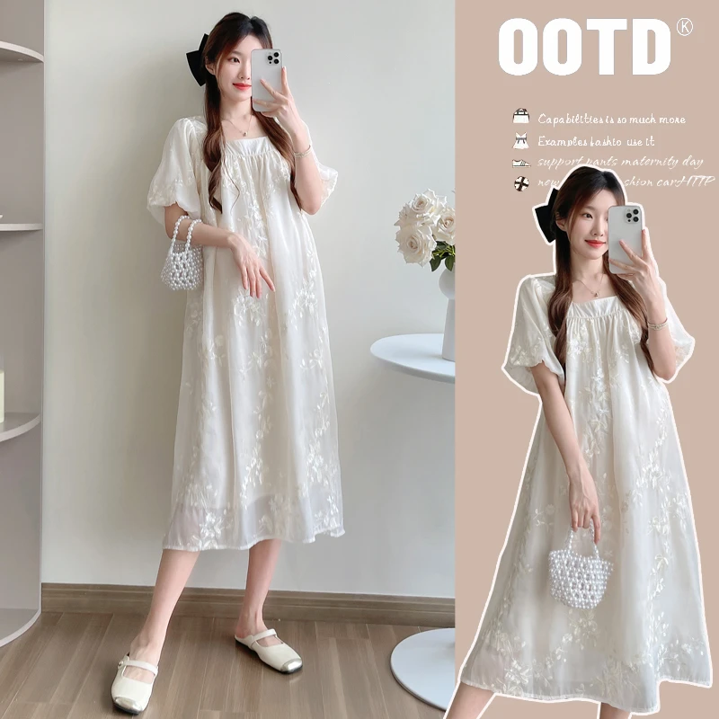 时髦孕妇装夏季新款宽松显瘦刺绣高级感气质潮妈高级感时尚连衣裙