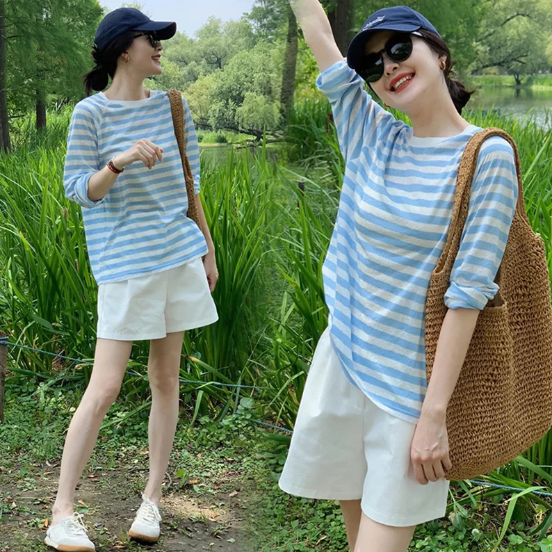 时髦孕妇装夏季条纹显瘦长袖防晒罩衫薄款慵懒风宽松时尚上衣套装