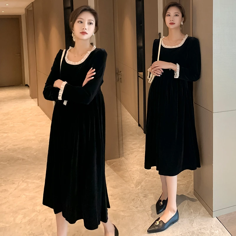 孕妇连衣裙秋装大码金丝绒孕妇裙洋气新款时尚孕妇装秋冬宽松裙子