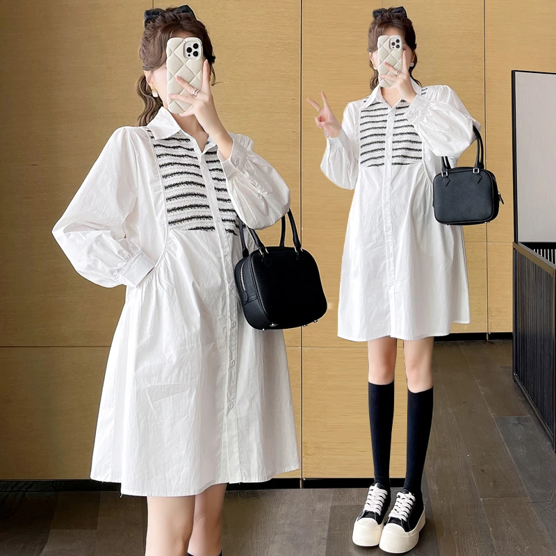 孕妇连衣裙时髦秋季新款时尚韩版拼接中长款大码显瘦孕妇衬衫中裙