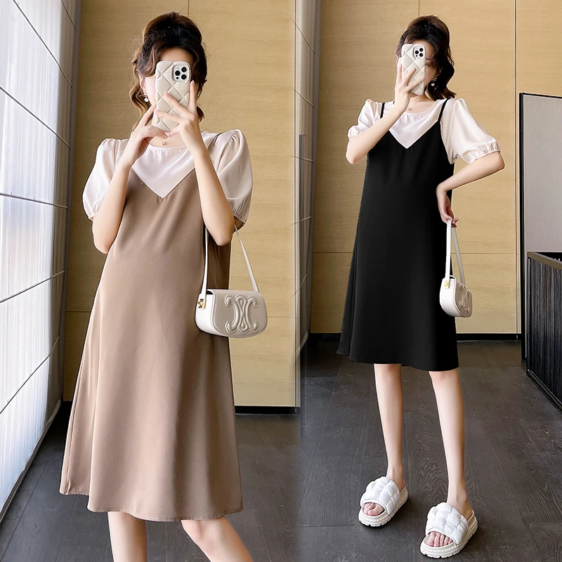 孕妇装连衣裙夏季潮妈小个子大码宽松过膝休闲薄款假两件2025新款