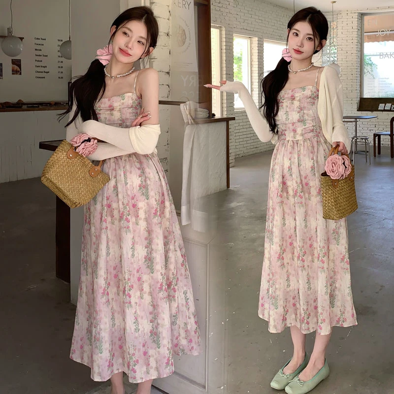 时髦孕妇装夏季新款温柔风粉色碎花后背显瘦气质时尚复古吊带裙