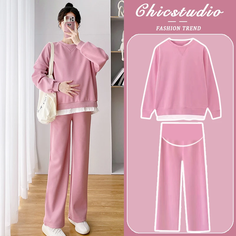 孕妇套装外出时尚2024新款粉色卫衣上衣裤子洋气时髦两件套春秋女