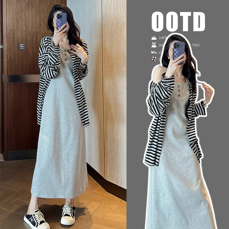 时尚孕妇装2025春款套装连衣裙条纹上衣背心长裙春秋两件套装外穿