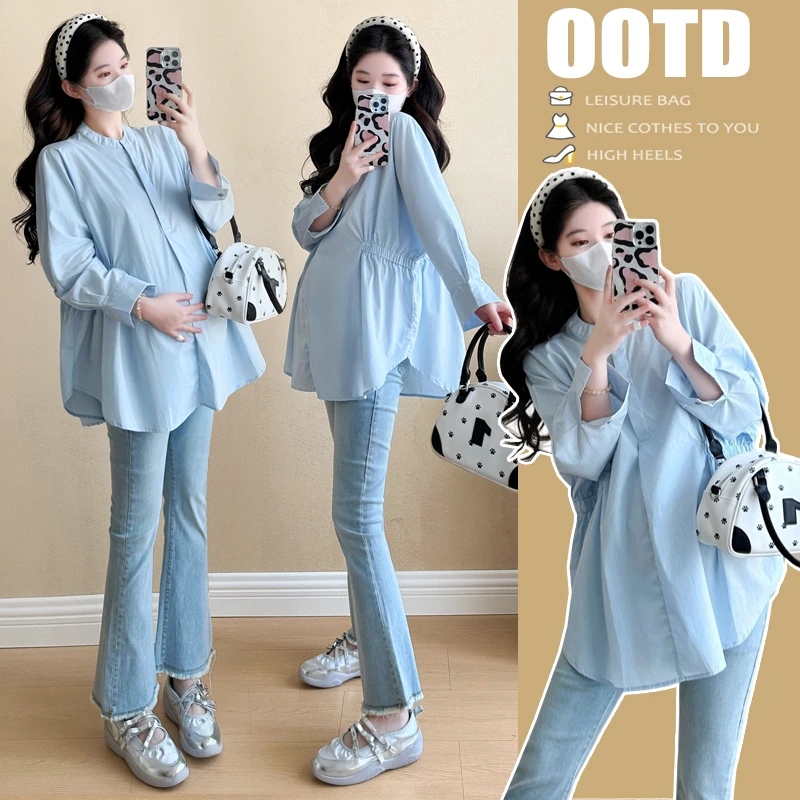 时髦孕妇装新款早秋季新款长袖衬衫显瘦衬衣休闲款洋气时尚娃娃衫