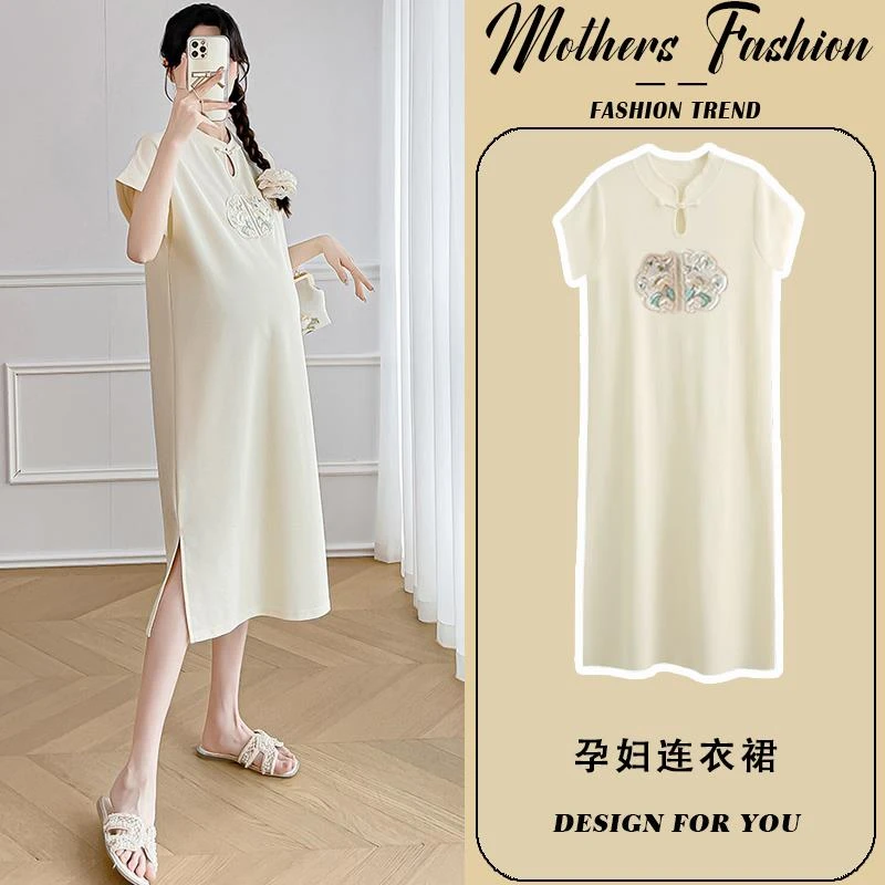 孕妇连衣裙夏季2024新款新中式国风盘扣刺绣时尚显瘦淑女薄款短袖