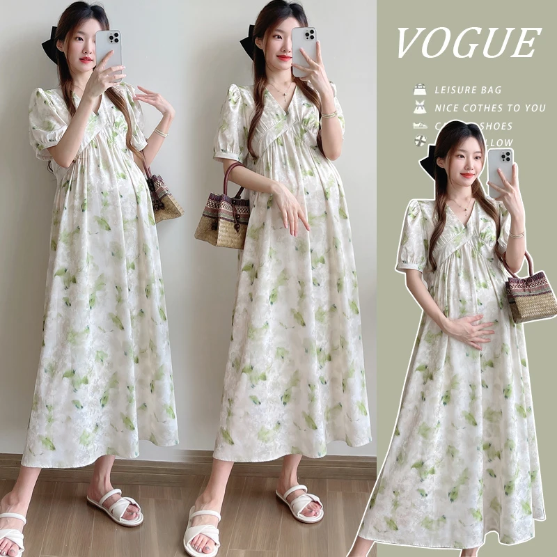 时髦孕妇装夏季新款碎花印花夏天宽松短袖大码显瘦气质时尚连衣裙