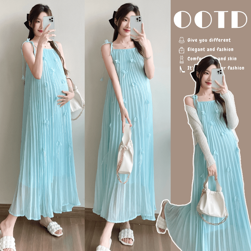 时髦孕妇装夏季新款百褶吊带裙夏季中长裙时尚无袖网红气质连衣裙