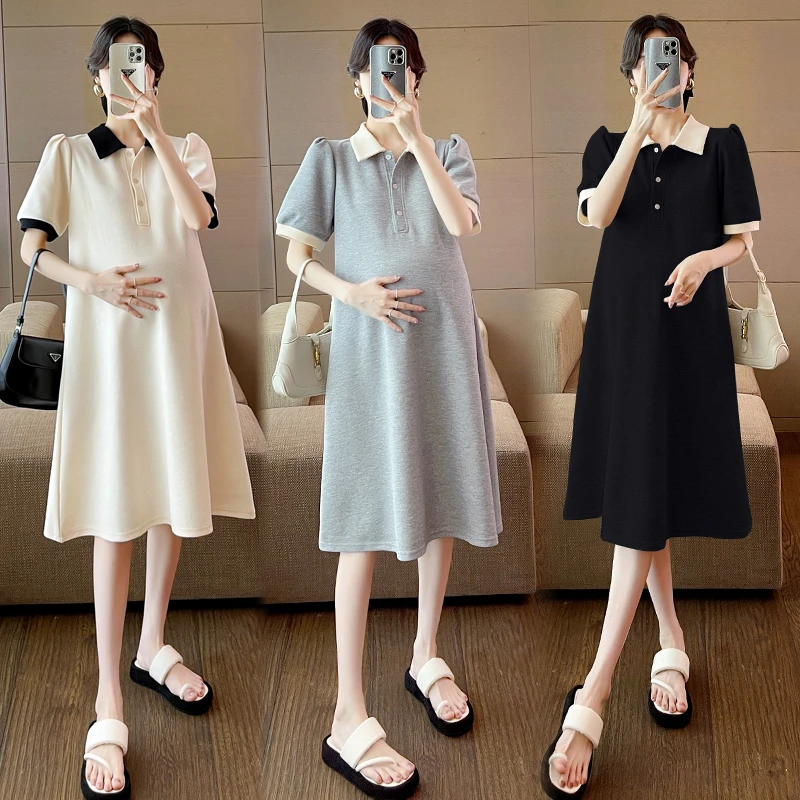 孕妇连衣裙夏季新款潮妈夏季POLO领大码宽松韩版时尚显瘦高级裙子