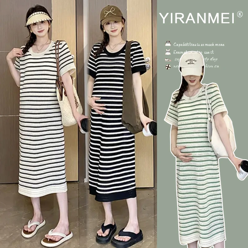 孕妇装时尚夏装新款短袖条纹针织洋气显瘦百搭条纹洋气孕妇连衣裙