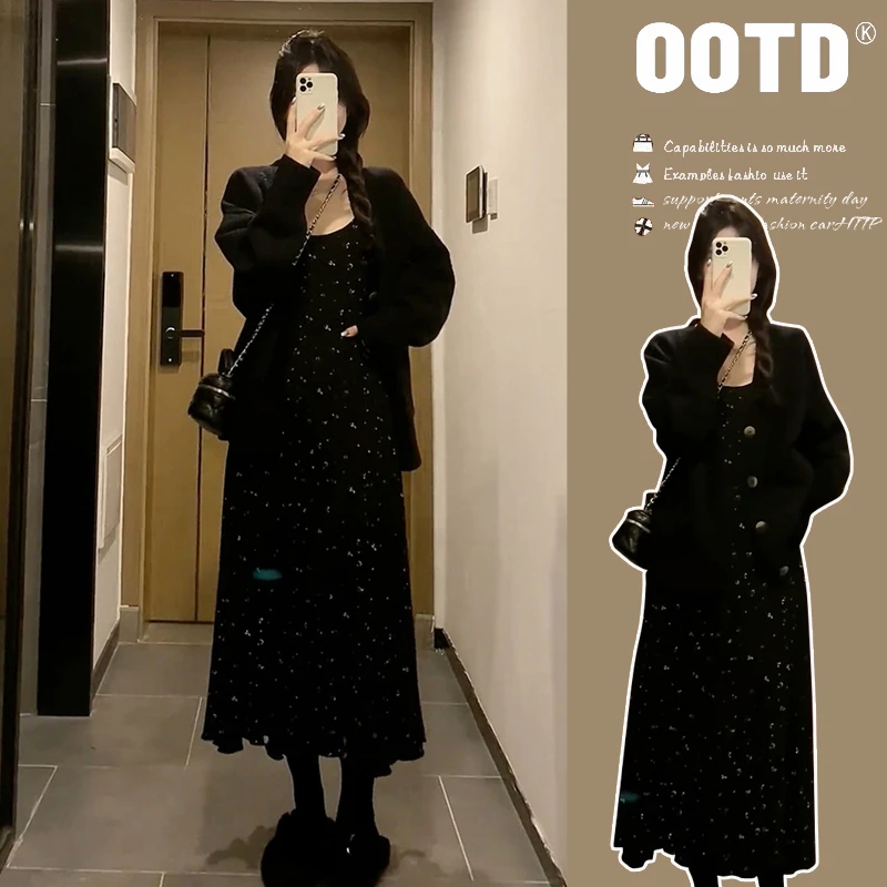 时髦孕妇装秋装碎花小香风显瘦气质时尚黑色法式赫本风秋冬连衣裙
