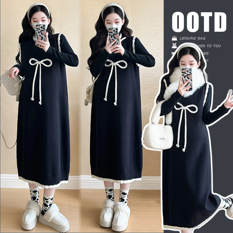 时髦孕妇装2025秋冬套装韩版加厚打底蝴蝶结加厚毛衣背心裙两件套