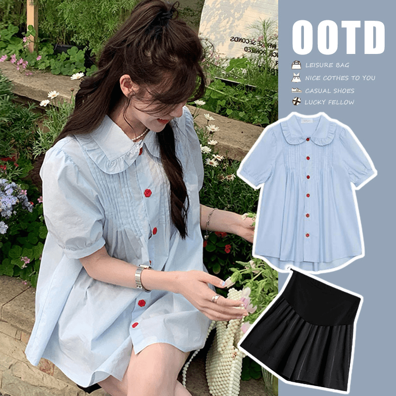 时髦孕妇装夏季新款网红洋气时尚托腹短裤设计感夏宽松娃娃领上衣