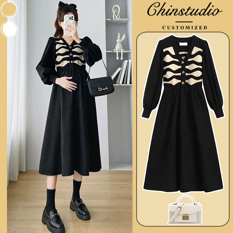 孕妇秋装连衣裙时尚孕妇装秋季时髦新款宽松针织长款孕妇裙秋冬款