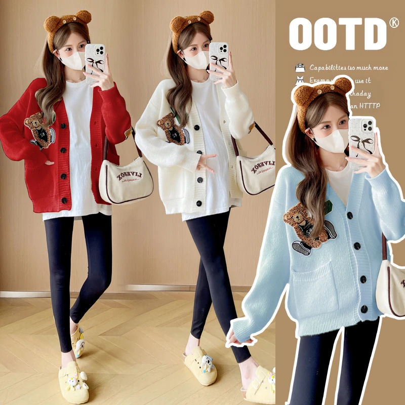 孕妇装时髦秋冬新款韩版慵懒风时尚贴布小熊开衫宽松孕妇毛衣外套