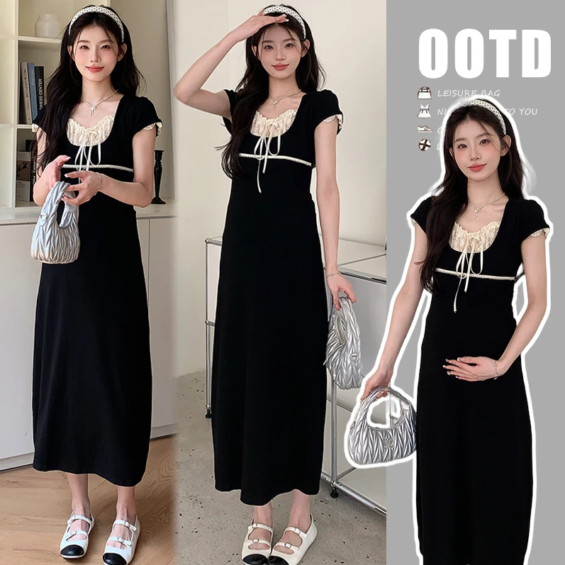 时髦孕妇装夏季新款小黑裙显瘦气质时尚夏法式宽松韩版拼接连衣裙