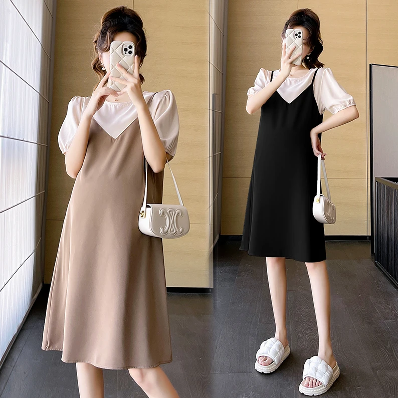 孕妇装连衣裙夏季潮妈小个子大码宽松过膝休闲薄款假两件2025新款