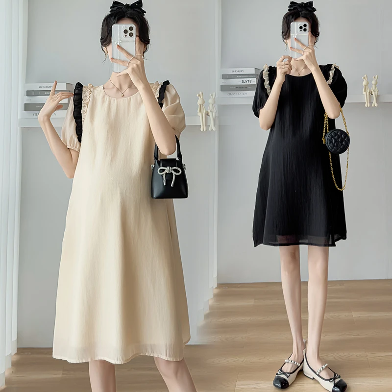 孕妇连衣裙2024夏季新款法式浪漫简约显瘦减龄圆领中长款连衣裙