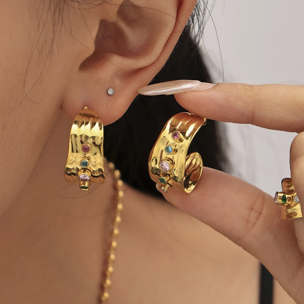 钛钢耳饰 欧美耳环彩色锆石开口戒指C型耳钉不掉色首饰品套装