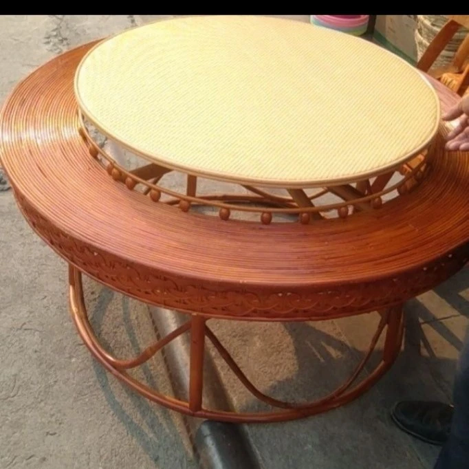 民族风味餐厅家用阳台创意复古转桌手工藤编花边转动圆形餐桌圆桌