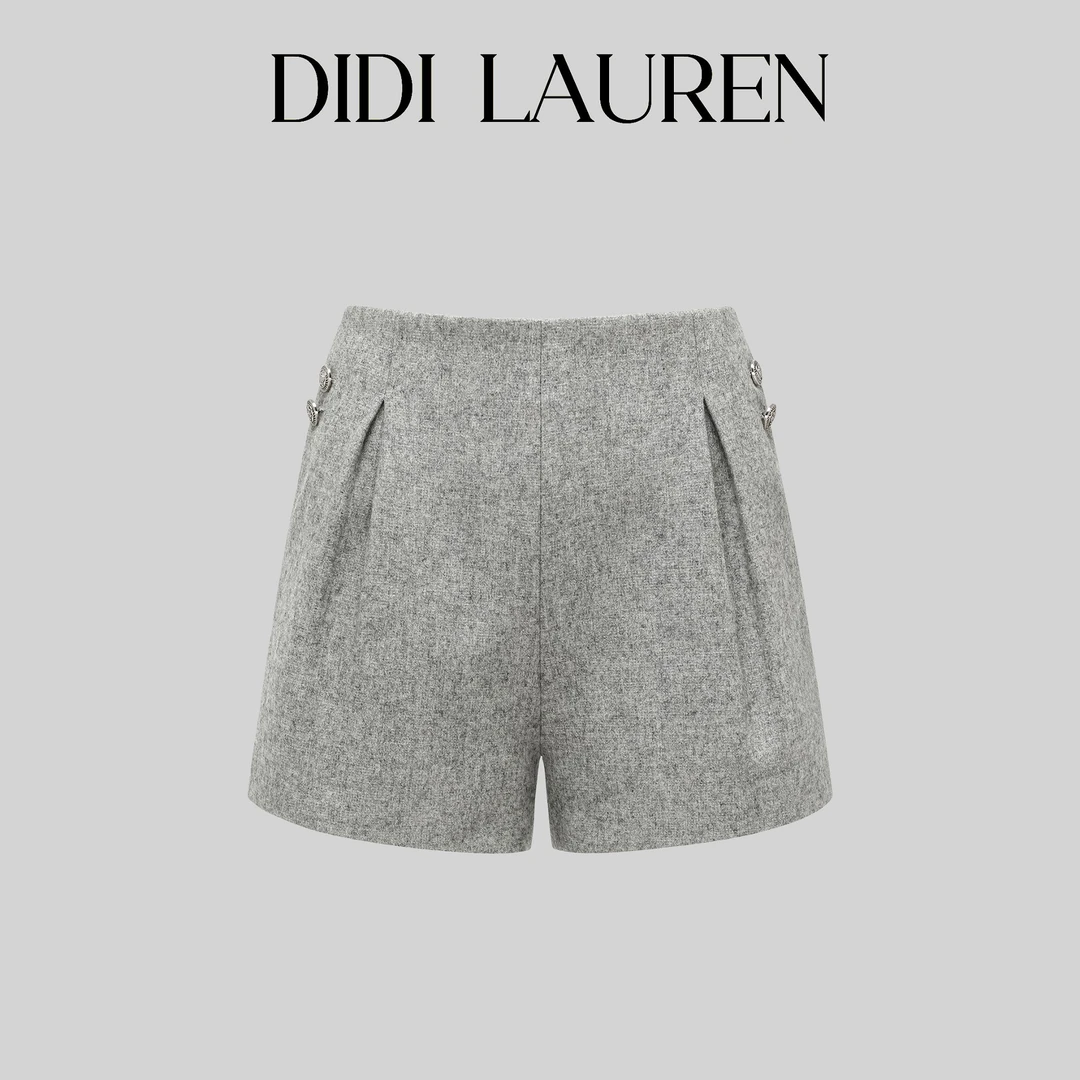DIDI LAUREN“摩洛哥”高腰立体双褶设计灰色羊毛短裤