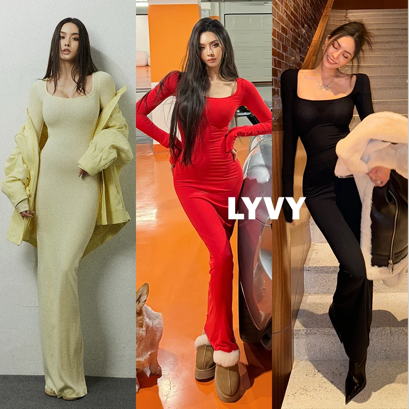 【LYVY-长裙】袁伶嫣同款超裸感方领长款黄色红色黑色修身连衣裙