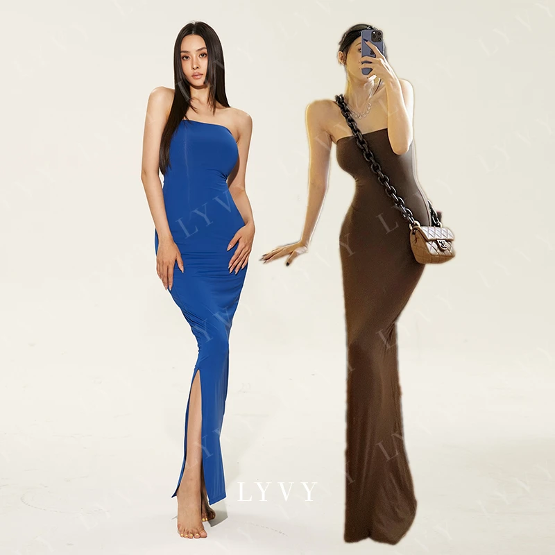 【LYVY】袁伶嫣同款巧克力蓝色抹胸长裙超柔软光滑双层软软裙