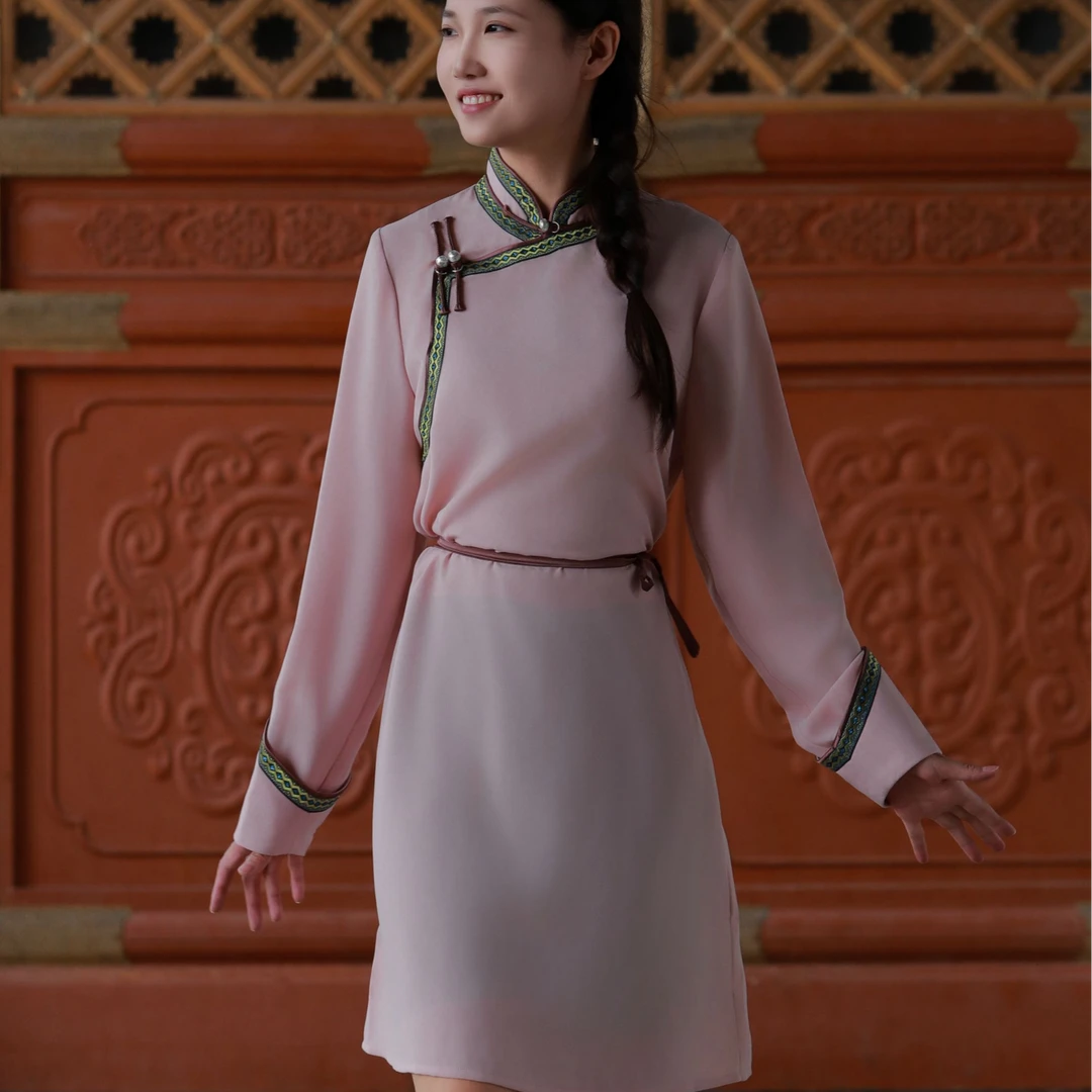 【蒙高俪晶】民族风藕粉色长袖气质日常款连衣裙