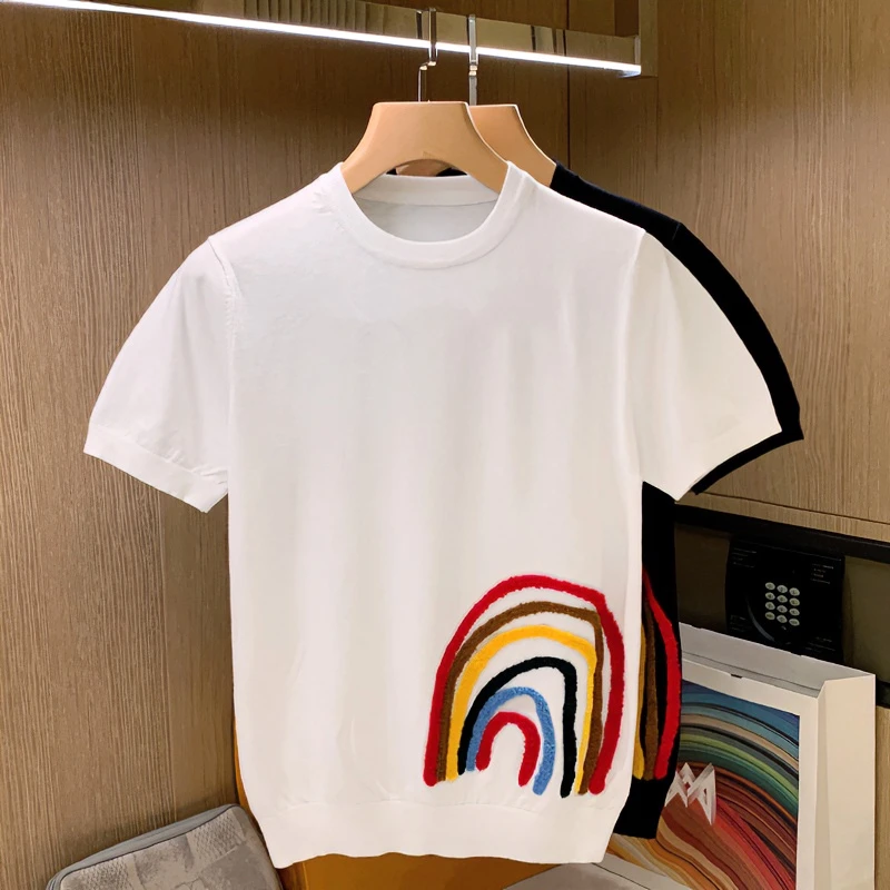 欧美简约纯色内搭男款针织衫 夏季新款彩虹植绒刺绣休闲短袖t恤男