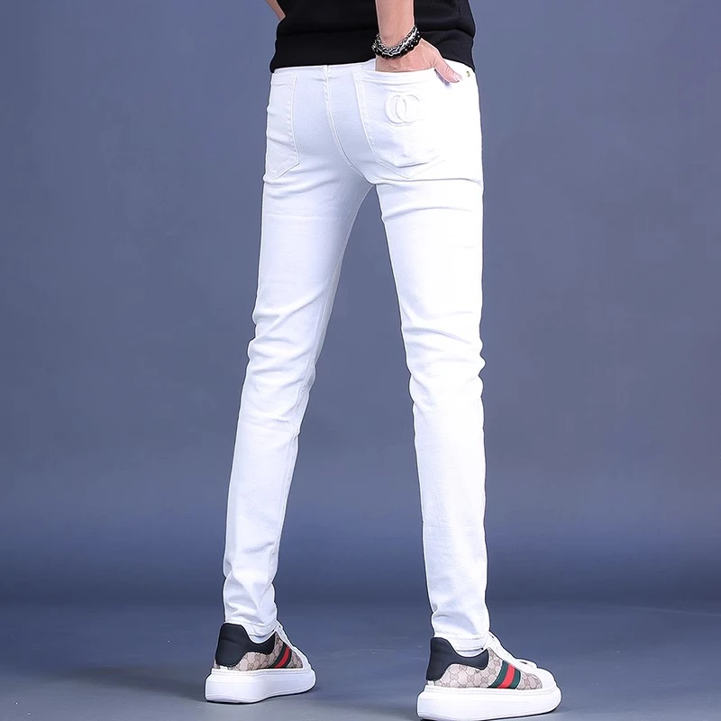 【JJ】新款男士白色牛仔裤男款修身小脚裤弹力高档休闲潮流长裤子