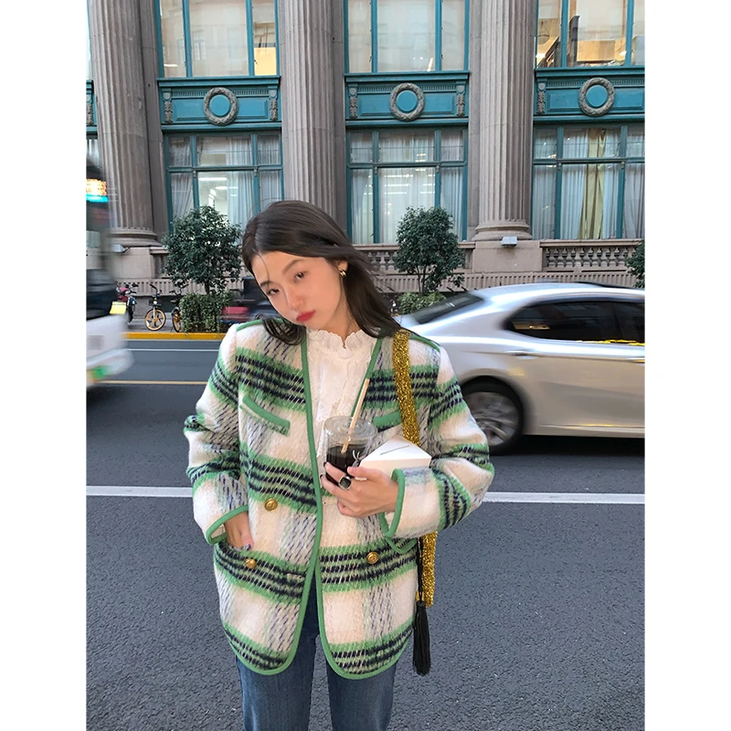落落狷介 绿色格子毛呢羽绒服女冬季短款呢子羽绒衣加厚保暖外套