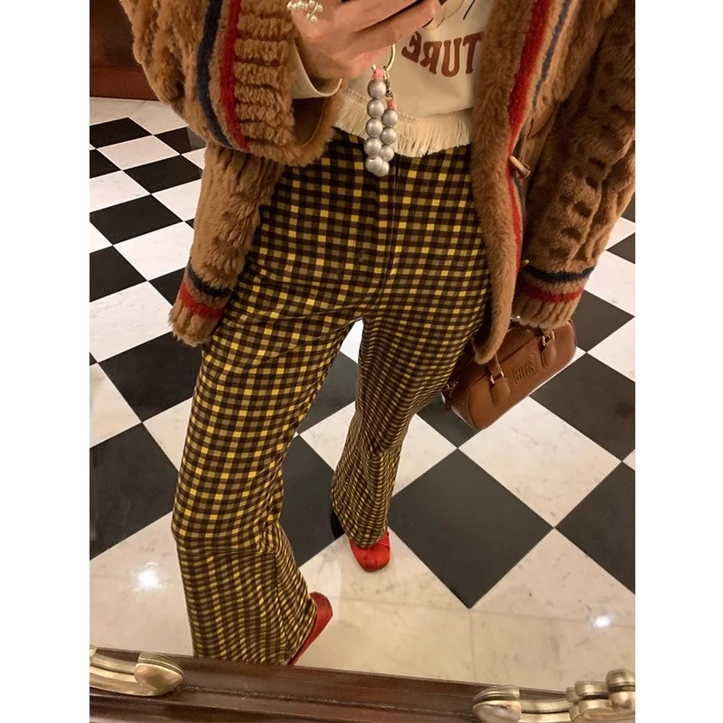落落狷介裤子女秋冬款2023年新款格子喇叭裤小个子显瘦长裤格子裤