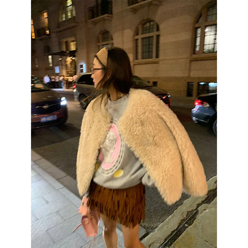 落落狷介 米白色皮毛一体外套女2024年新款保暖环保皮草冬季保暖