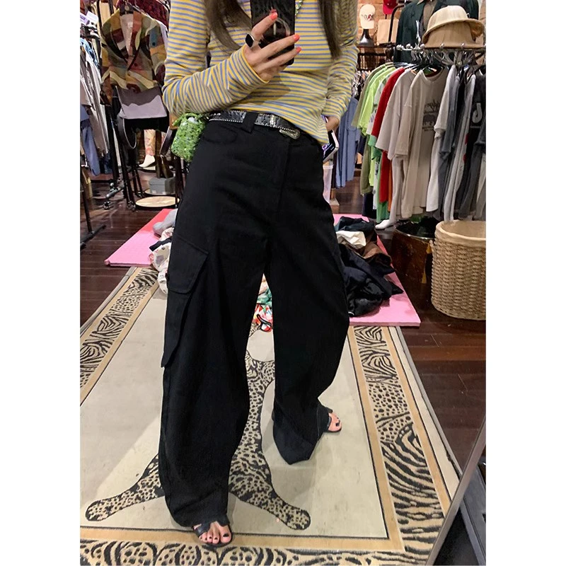 落落狷介 裤子宽松直筒2023年新款黑色阔腿裤女小个子高腰牛仔裤
