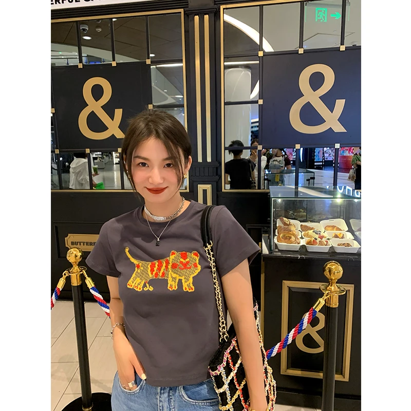 落落狷介 独特别致小上衣女2022年夏季新款刺绣短袖灰色T恤老虎