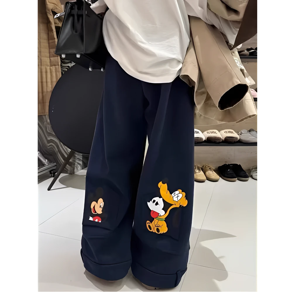 卡通米奇加绒藏青色卫裤女早秋款2025新款宽松小众休闲直筒阔腿裤