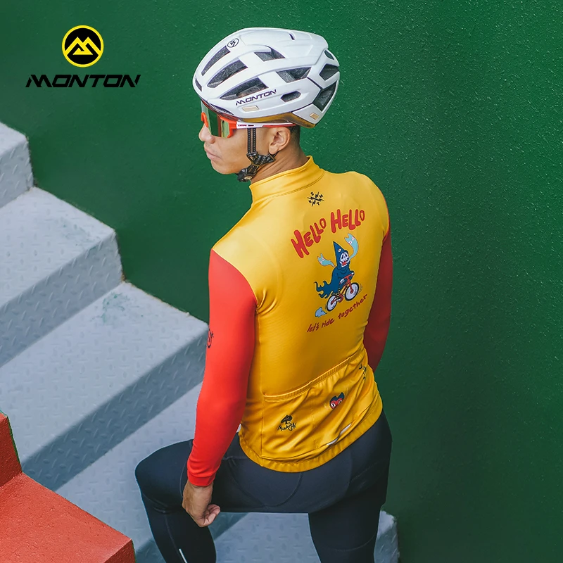 Monton脉腾秋冬抓绒骑行服男女卡通保暖公路车自行车上衣hello