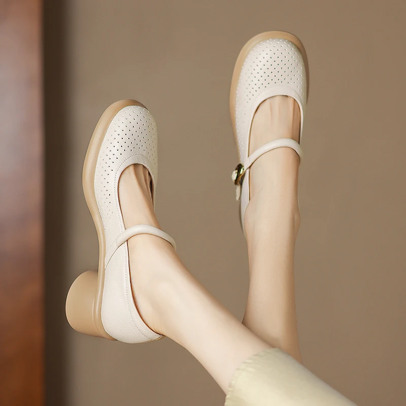 羊皮/5cm/百搭夏季真皮软底复古玛丽珍平底粗跟包头浅口洞洞鞋女