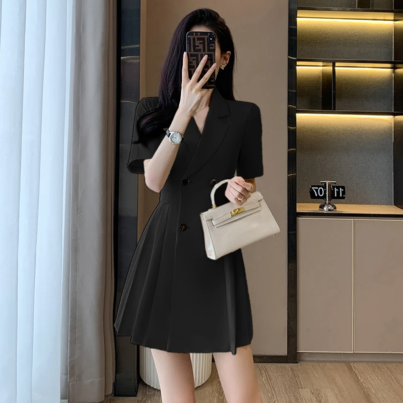 职业西装连衣裙女夏季高级感收腰显瘦a字短裙洋气通勤轻奢百褶裙