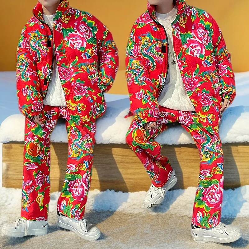 情侣东北大花套装民族风特色棉衣加绒裤套装大码男女保暖喜庆加厚