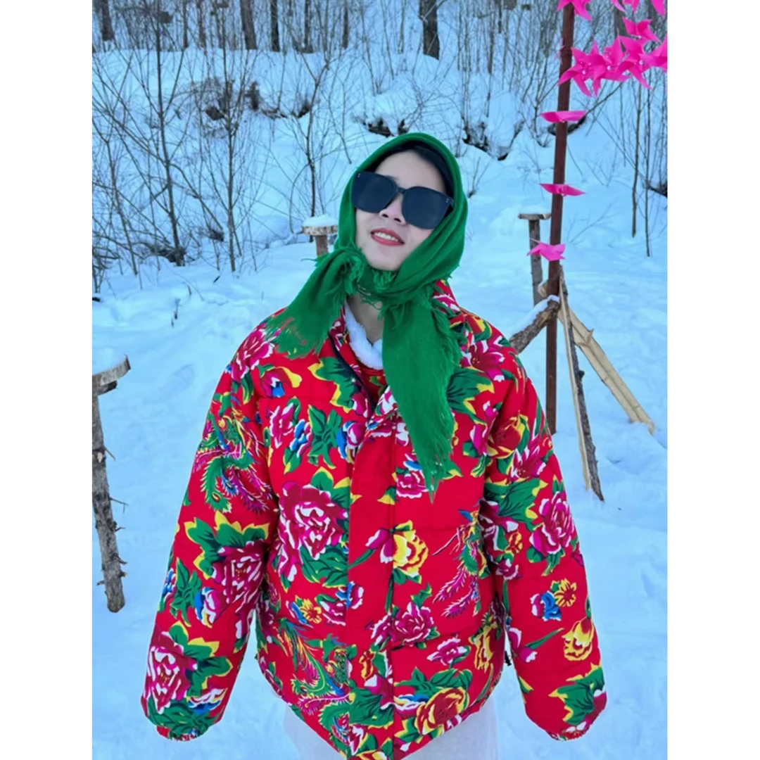 东北大花棉袄男冬季加厚潮牌复古红色棉服保暖过年喜庆棉衣面包服