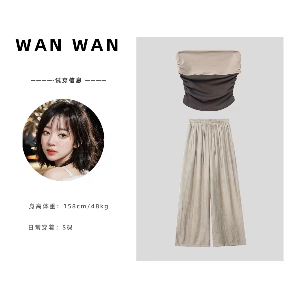 【初遇浪漫】洋气褶皱抹胸套装  上衣+阔腿裤   8852