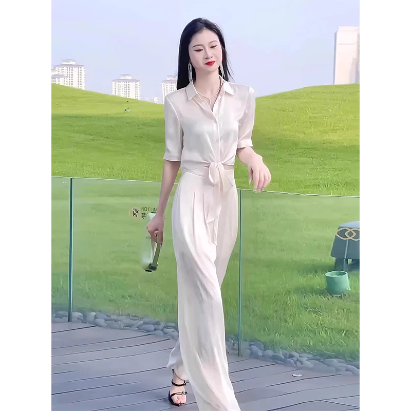 2025年夏季网红新款时尚套装翻领系带衬衫+垂感显瘦阔腿裤两件套