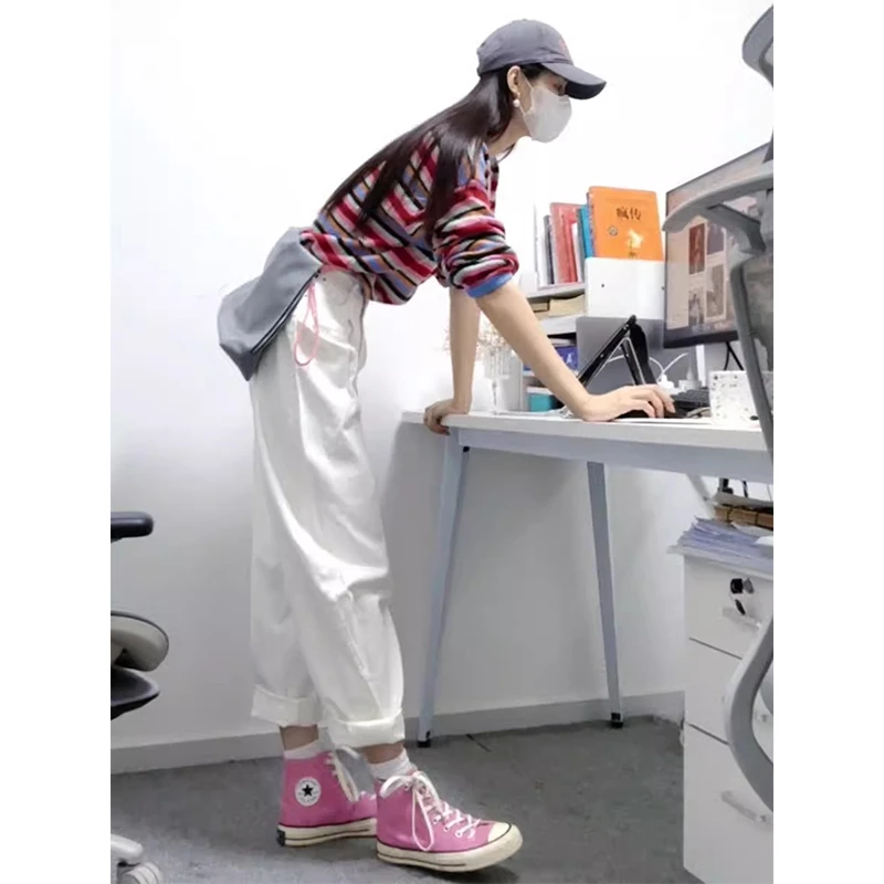 春秋季2025新款洋气宽松减龄条纹针织上衣女高腰显瘦白色休闲裤子